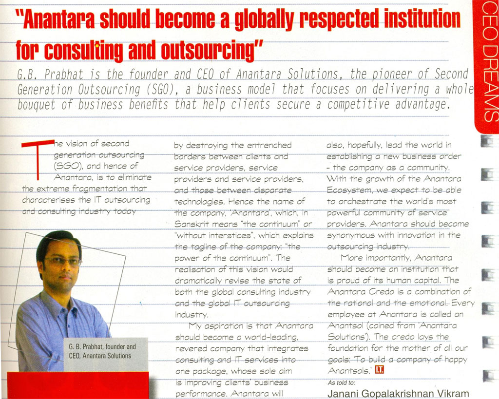 Anantara Solutions Founder  Mr. G. B. Prabhath write-up about IT Consulting and Outsourcing. 